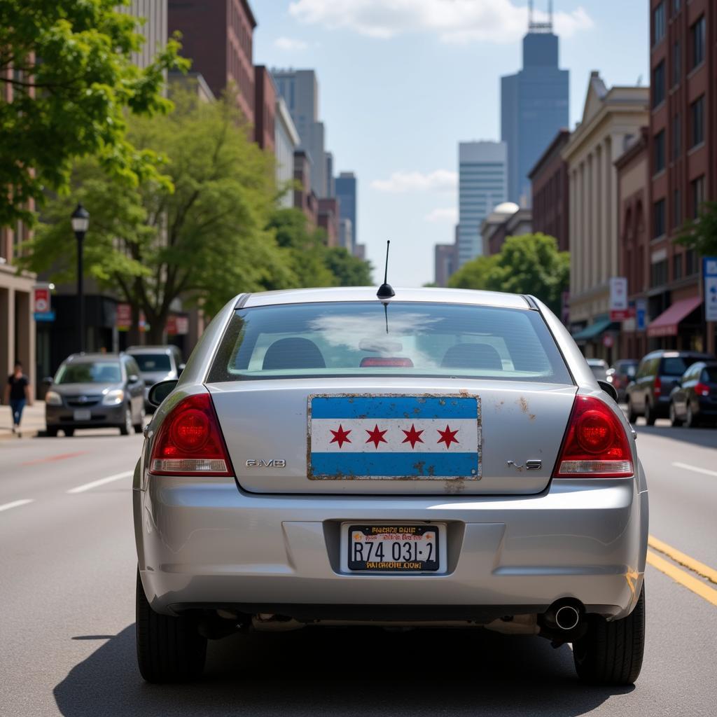 Chicago flag sticker displayed on a car bumper, showcasing civic pride.