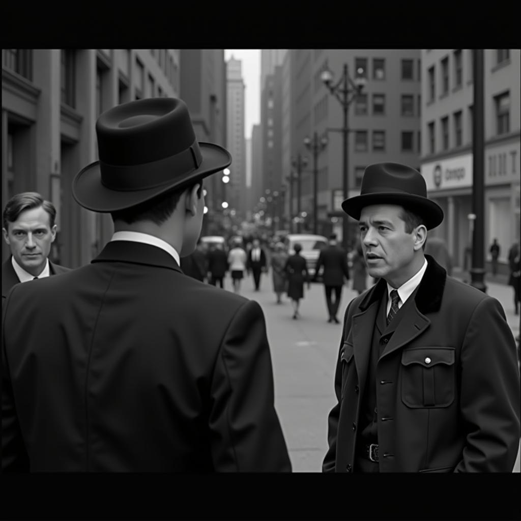 A scene from a classic gangster film depicting a Chicago police officer wearing the iconic bowler hat