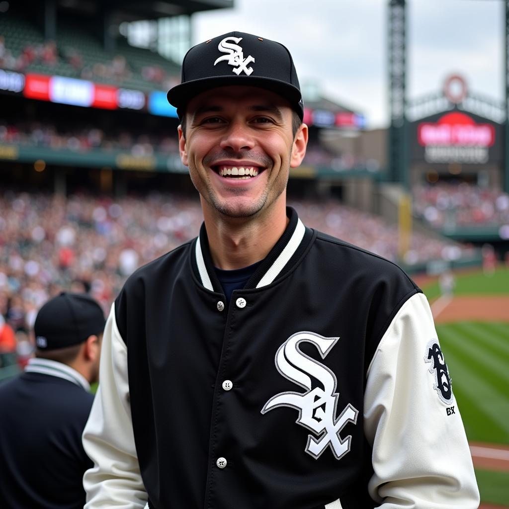 Fan Wearing a Chicago White Sox Varsity Jacket