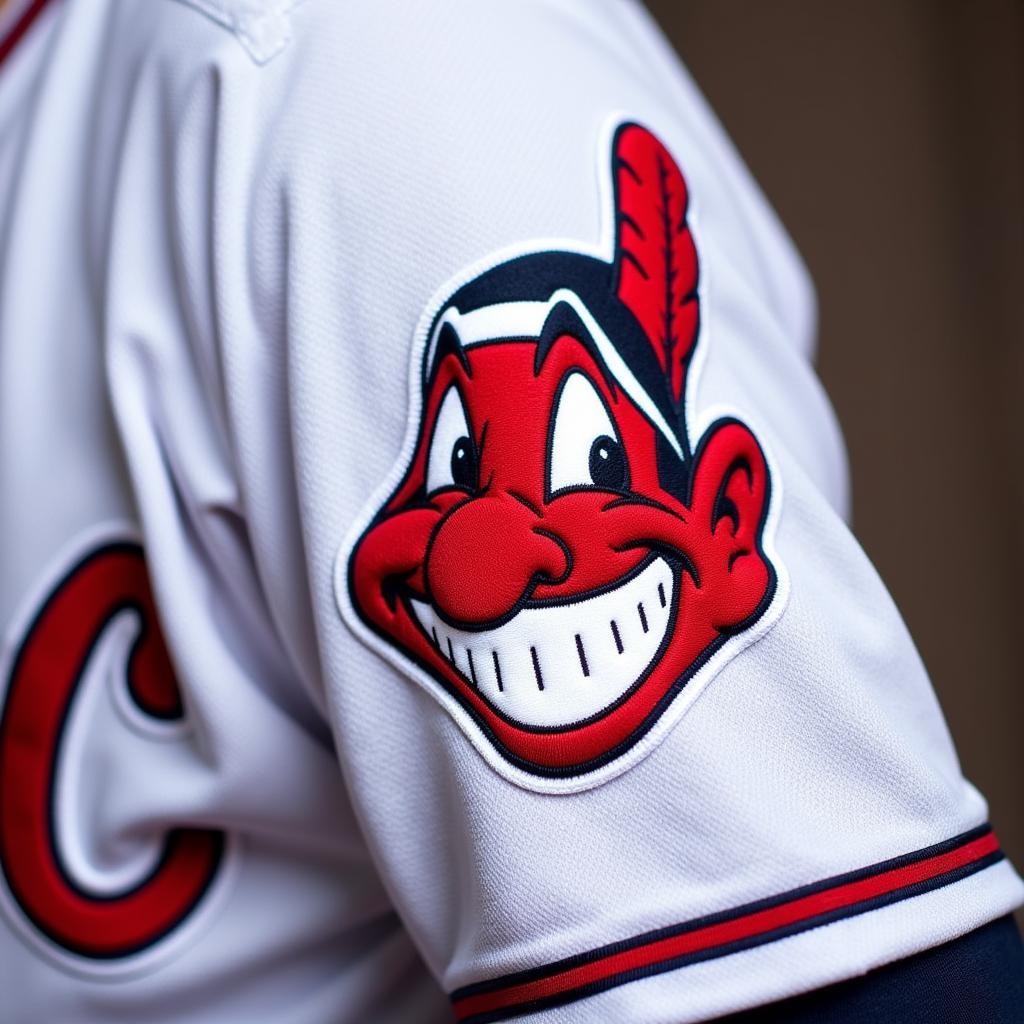 Close-up of Chief Wahoo logo on a Cleveland Indians jersey