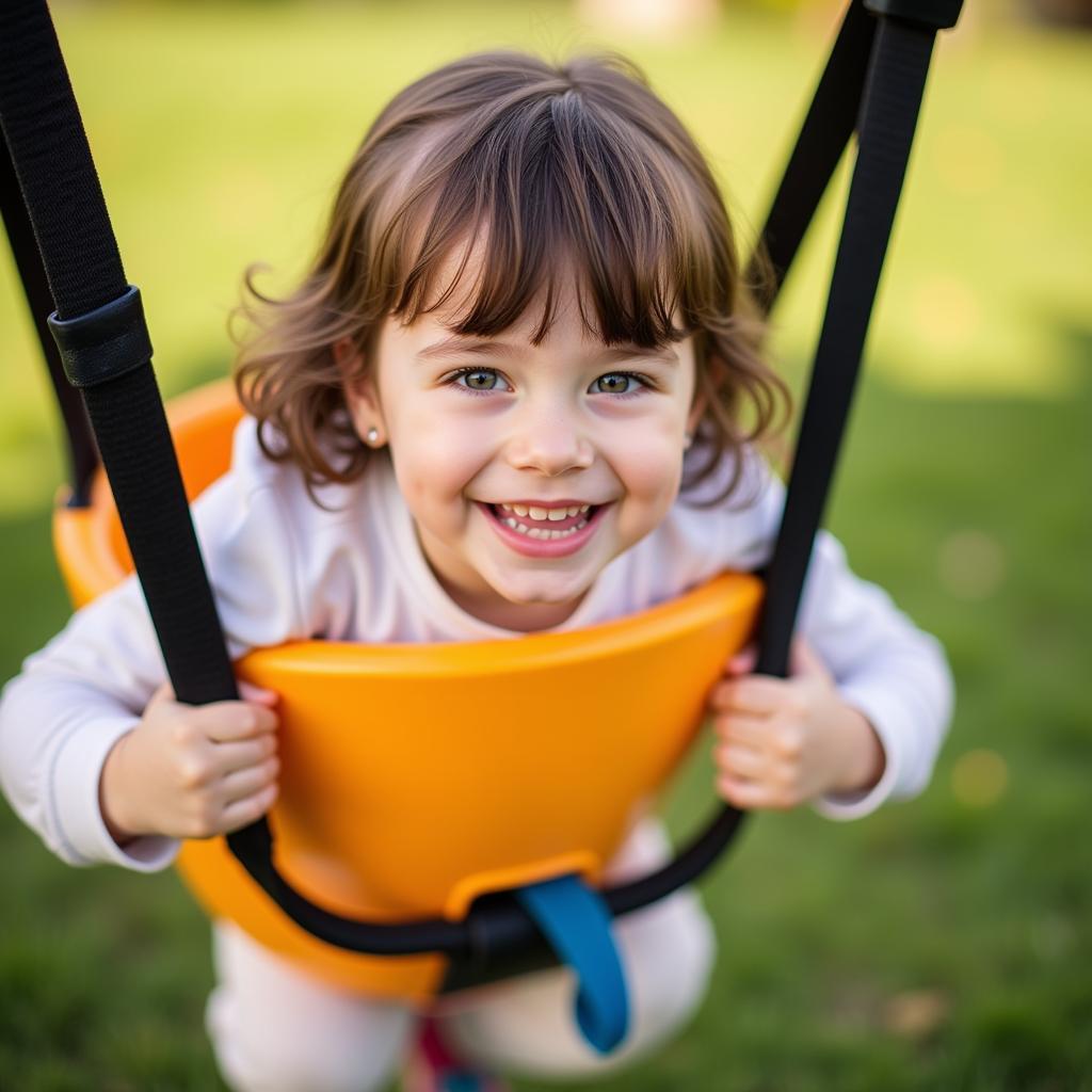 A child joyfully playing in a sensory pod swing