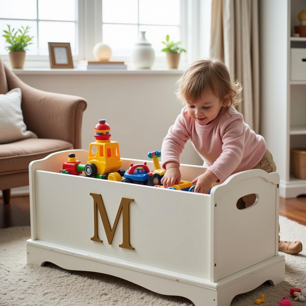 Child organizing toys in a personalized toy chest