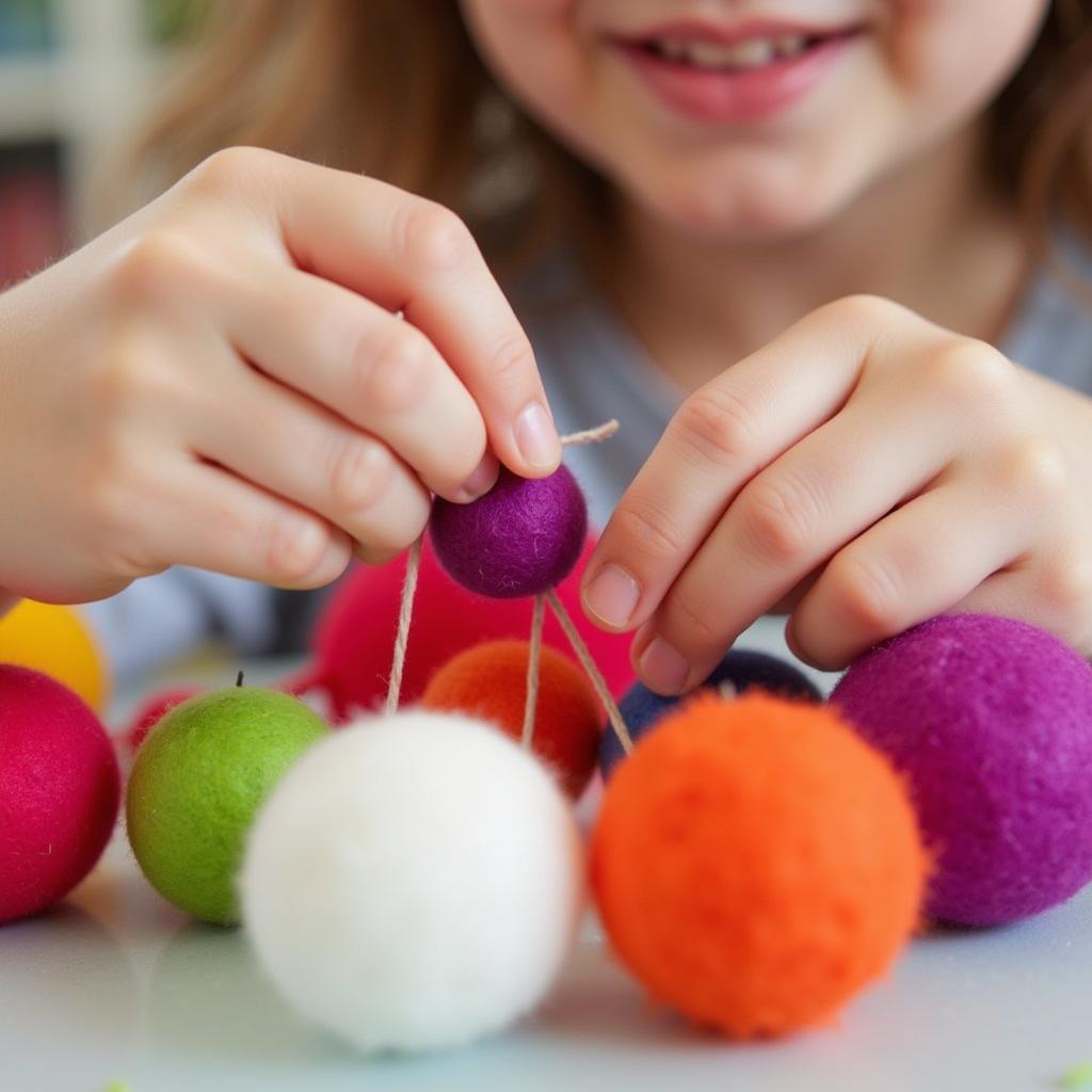 A child's hands stringing together felt balls