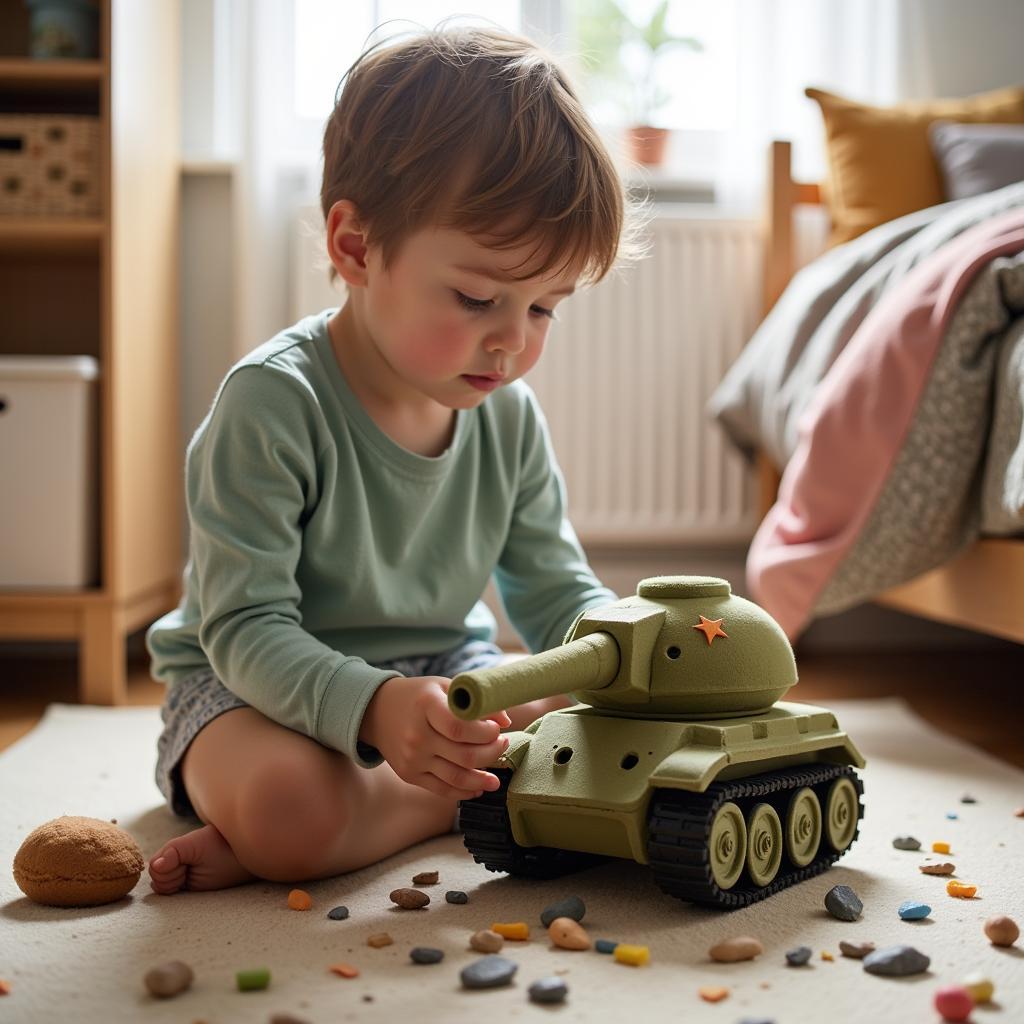 Child playing with a tank plush toy in their bedroom