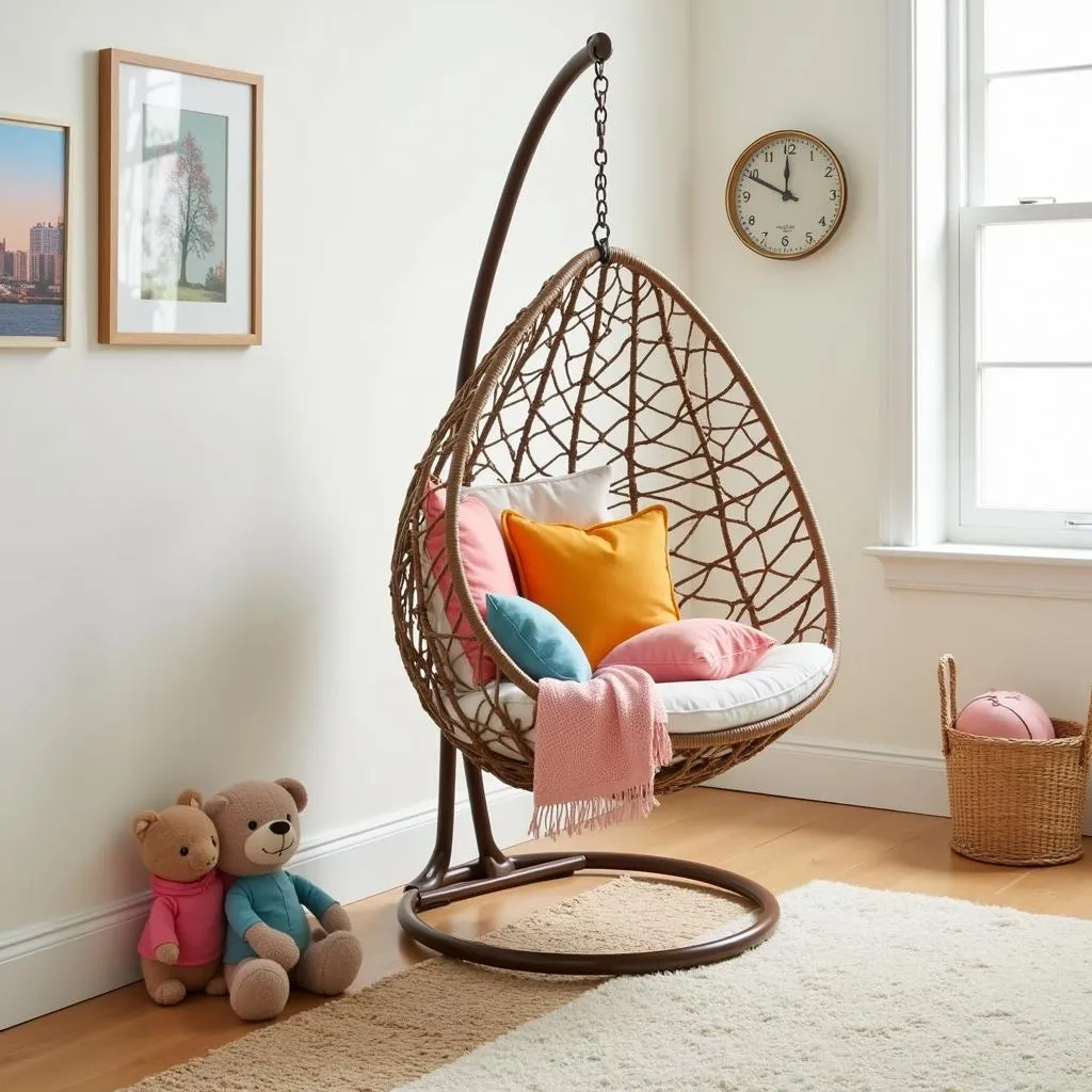 Childs hanging chair with stand in a personalized and inviting space with soft furnishings and personal touches.