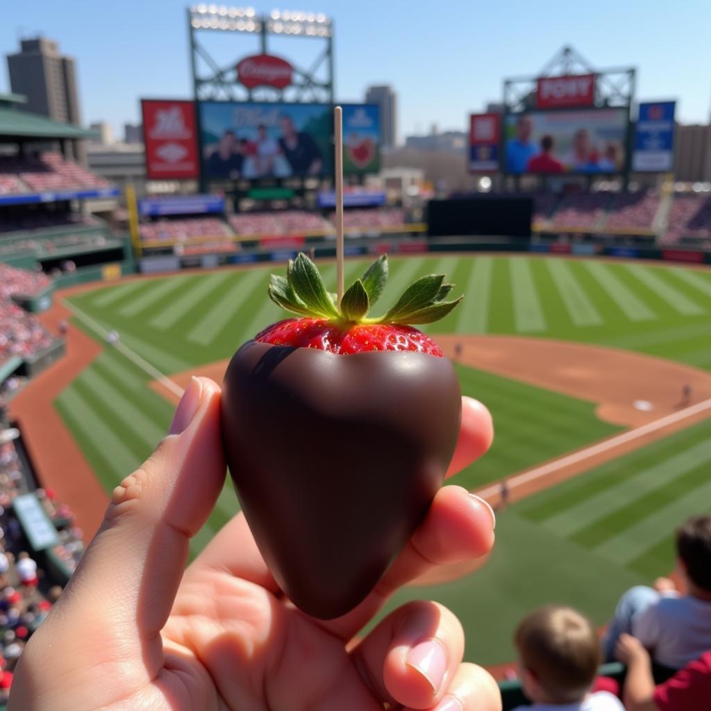 Enjoying Chocolate Covered Strawberries at a Baseball Game