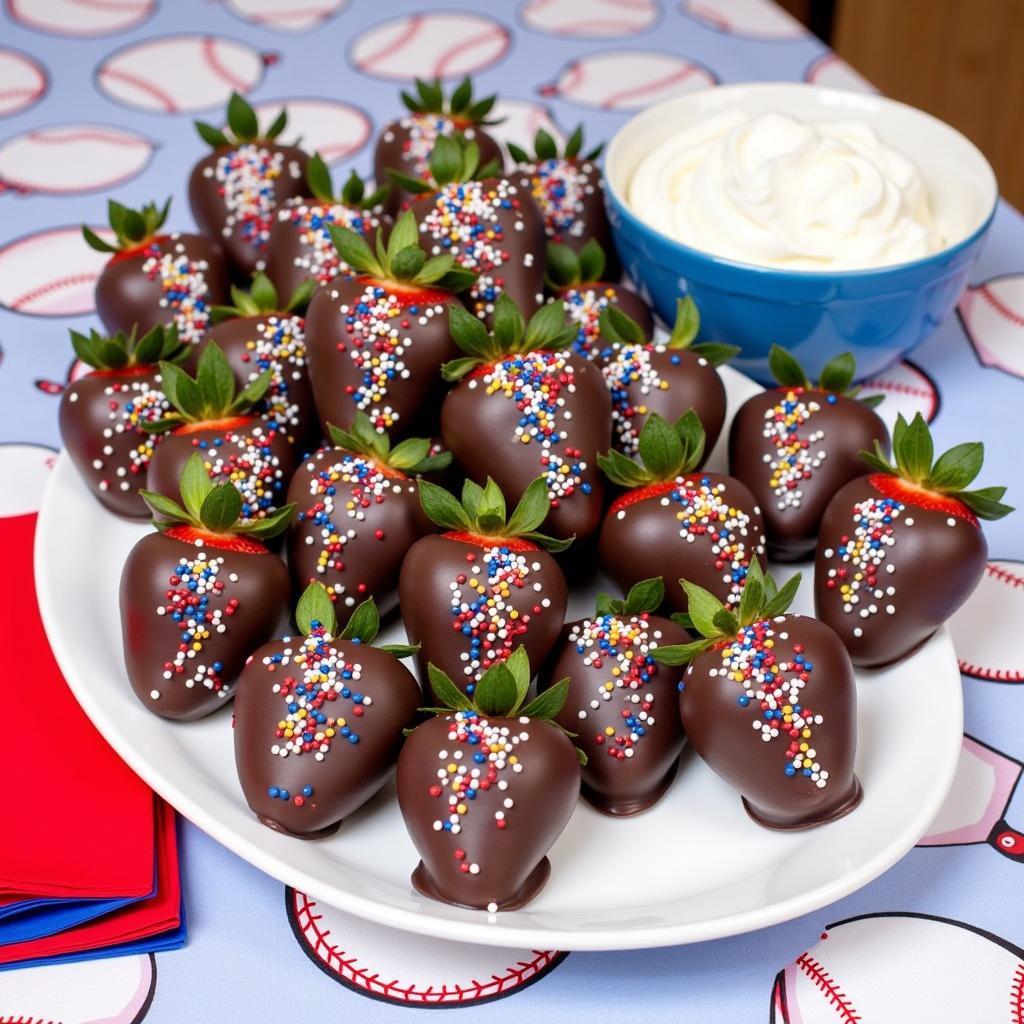 Chocolate Covered Strawberries Arranged on a Platter for a Baseball Viewing Party