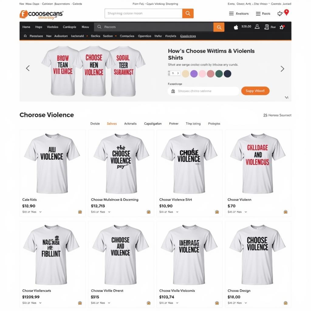 Choose Violence Shirt Online Shop - A screenshot of an online store selling various designs of the choose violence football shirt.