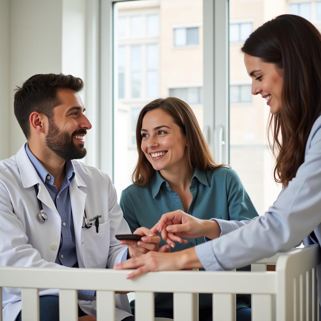 Parents consulting with a pediatrician about choosing the right crib