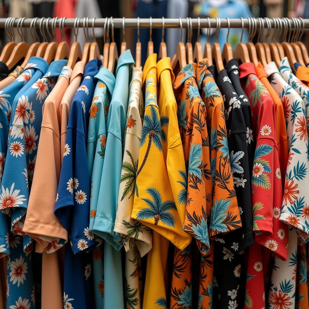 Variety of Hawaiian shirts displayed in a store