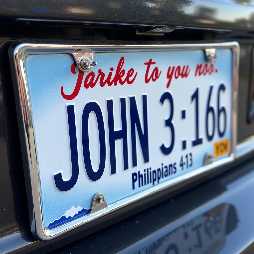 A close-up of a Christian license plate frame with a Bible verse engraved on it.