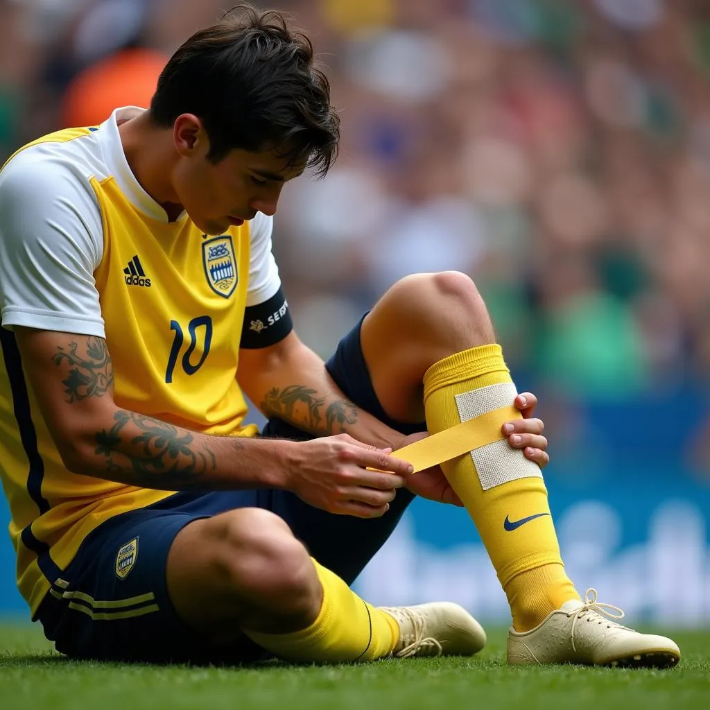 Christian Pulisic applying kinesiology tape to his ankle