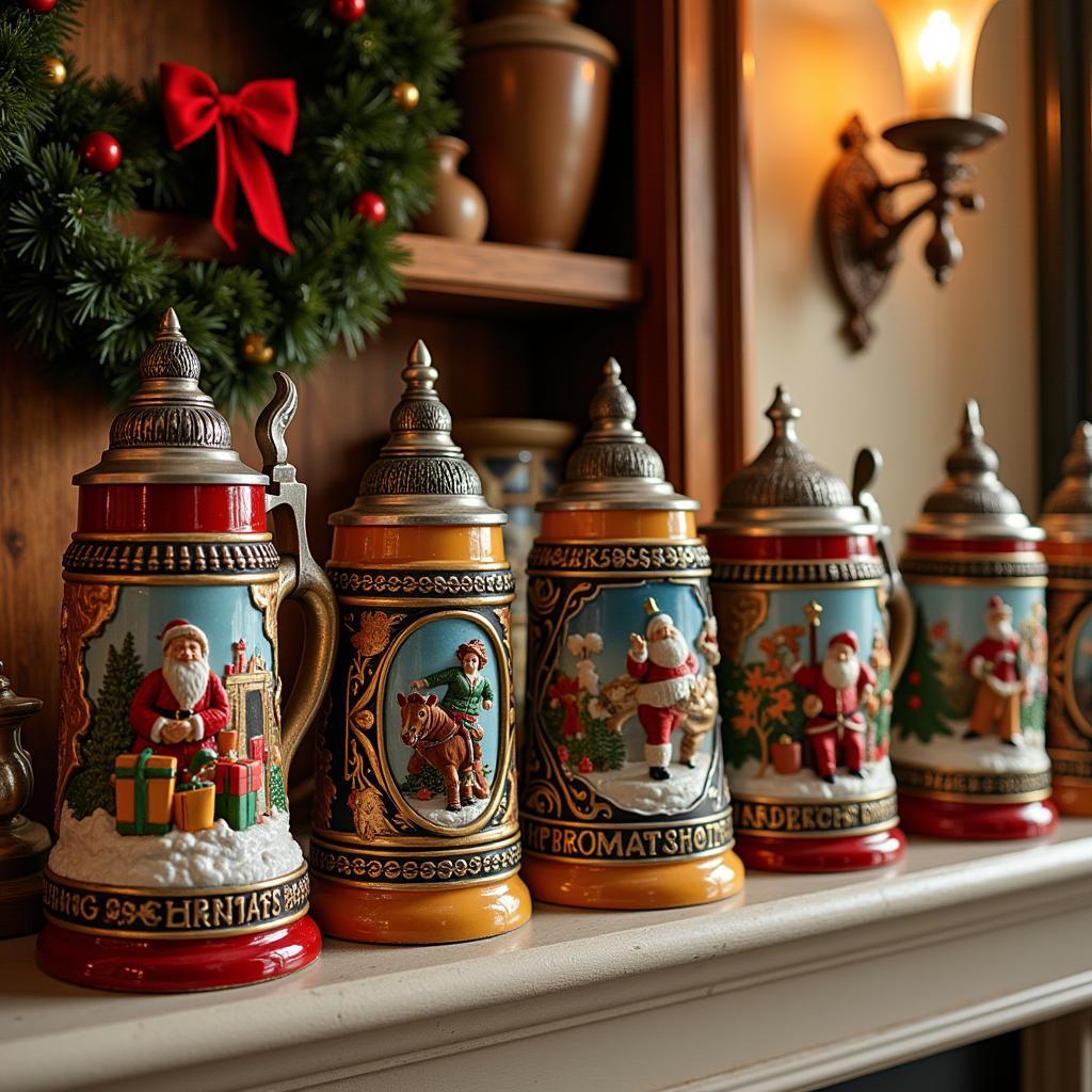 Christmas Beer Stein Collection on Mantle