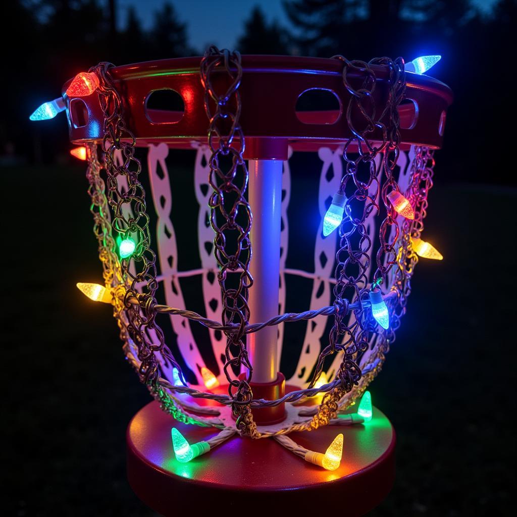 Christmas Disc Golf Basket Decorated with Lights