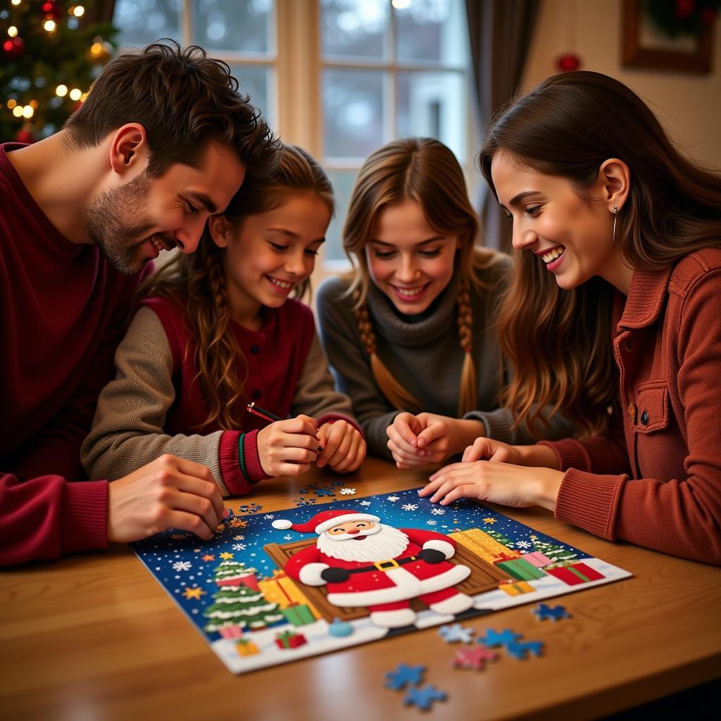 Family Enjoying a 200 Piece Christmas Puzzle