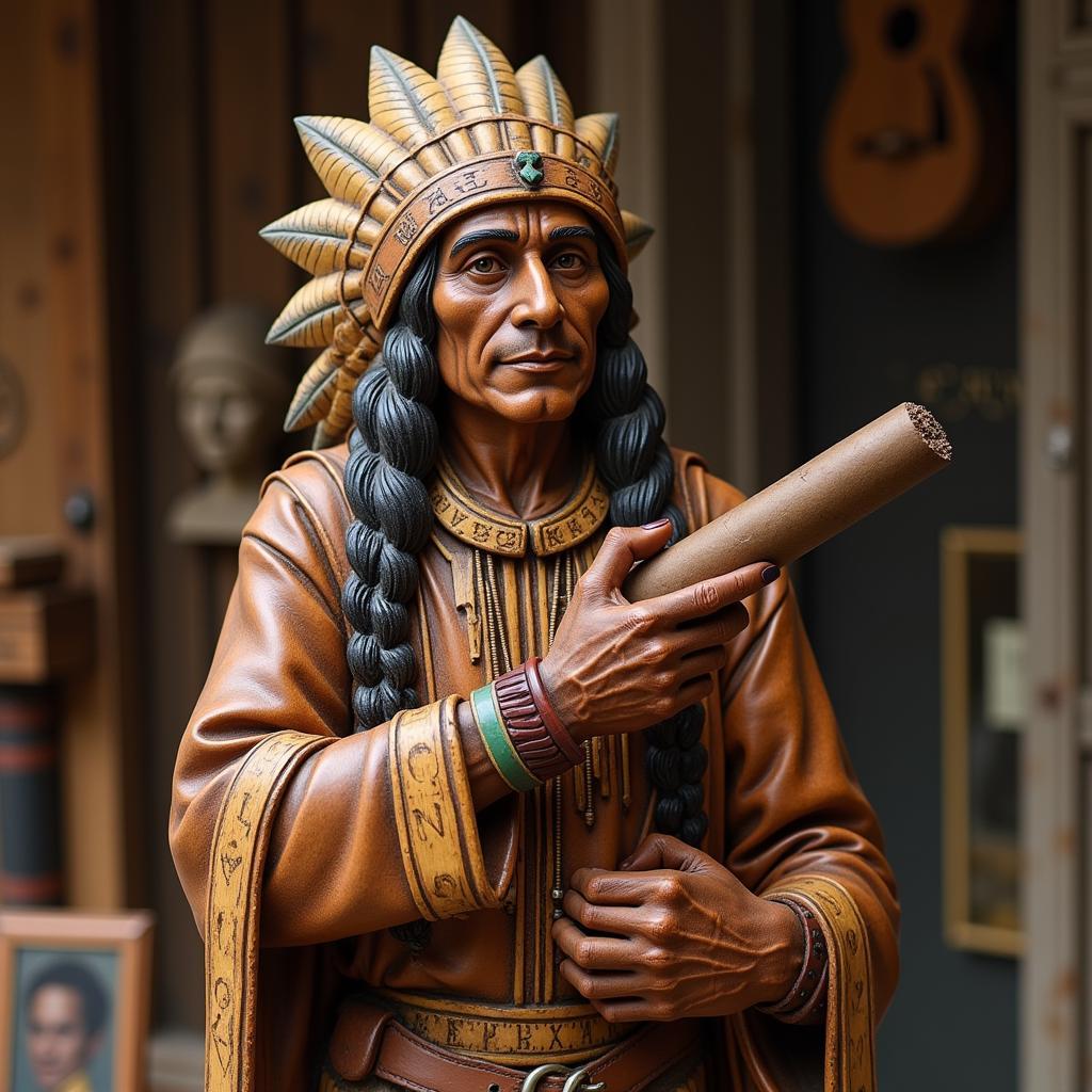 Carving of a Native American figure holding cigars