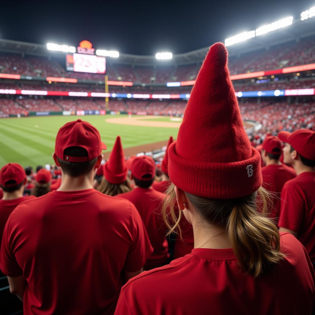 A group of Cincinnati Reds fans cheering at a game, all wearing big red one hats