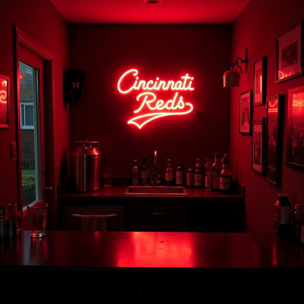 Cincinnati Reds neon sign illuminating a home bar