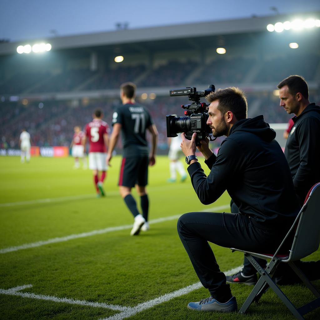 A cinematographer positioned on the sidelines, capturing the intensity of a football match