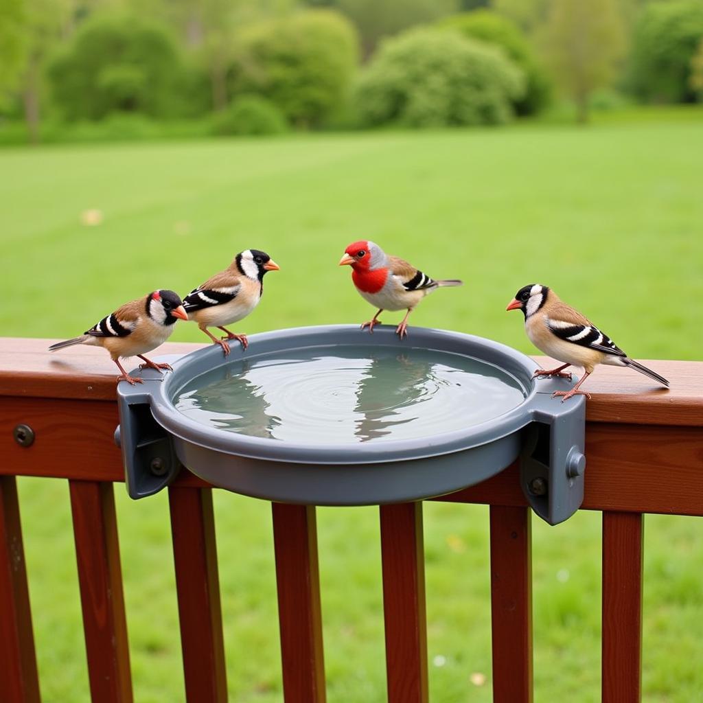 Sturdy clamp-on bird bath attached to a wooden deck railing, filled with fresh water and visited by a variety of birds