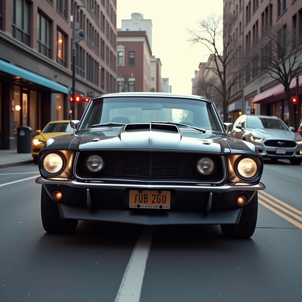 Classic American muscle car with a Detroit Rockers camshaft rumbling down a street