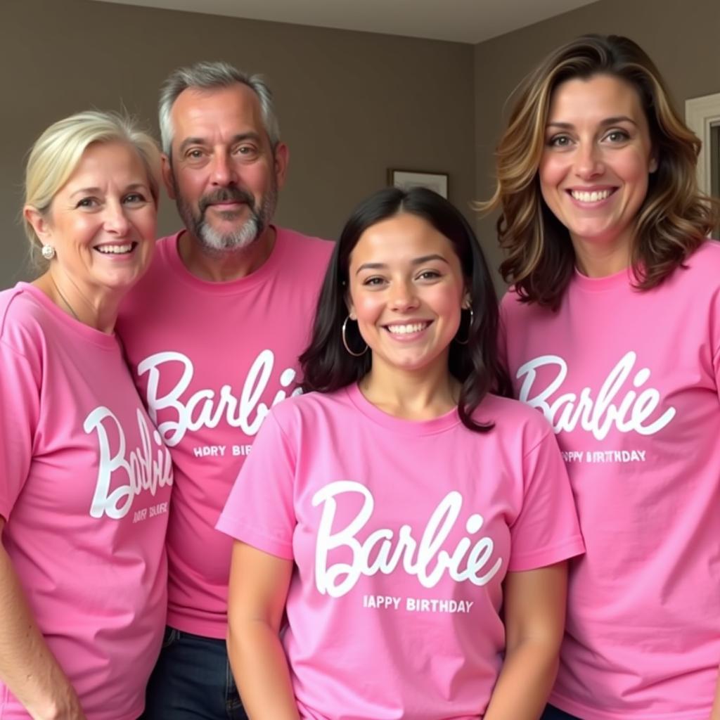 Family wearing matching classic Barbie logo shirts