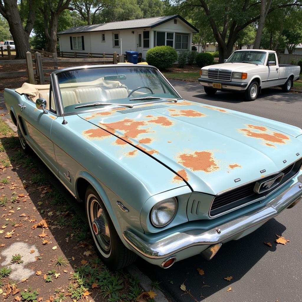 Classic car showing signs of sun damage and faded paint in Tampa humidity.