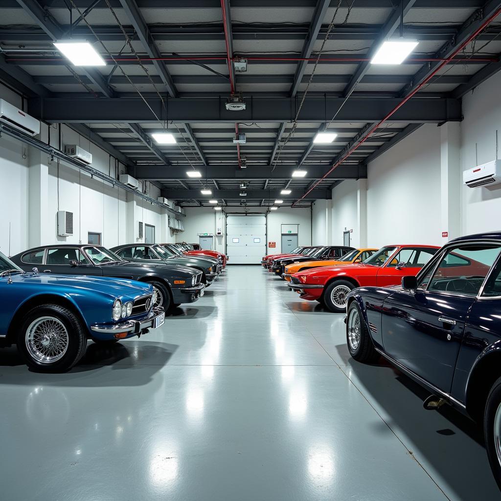 Interior view of a classic car storage facility in Tampa with climate control and secure parking spaces.