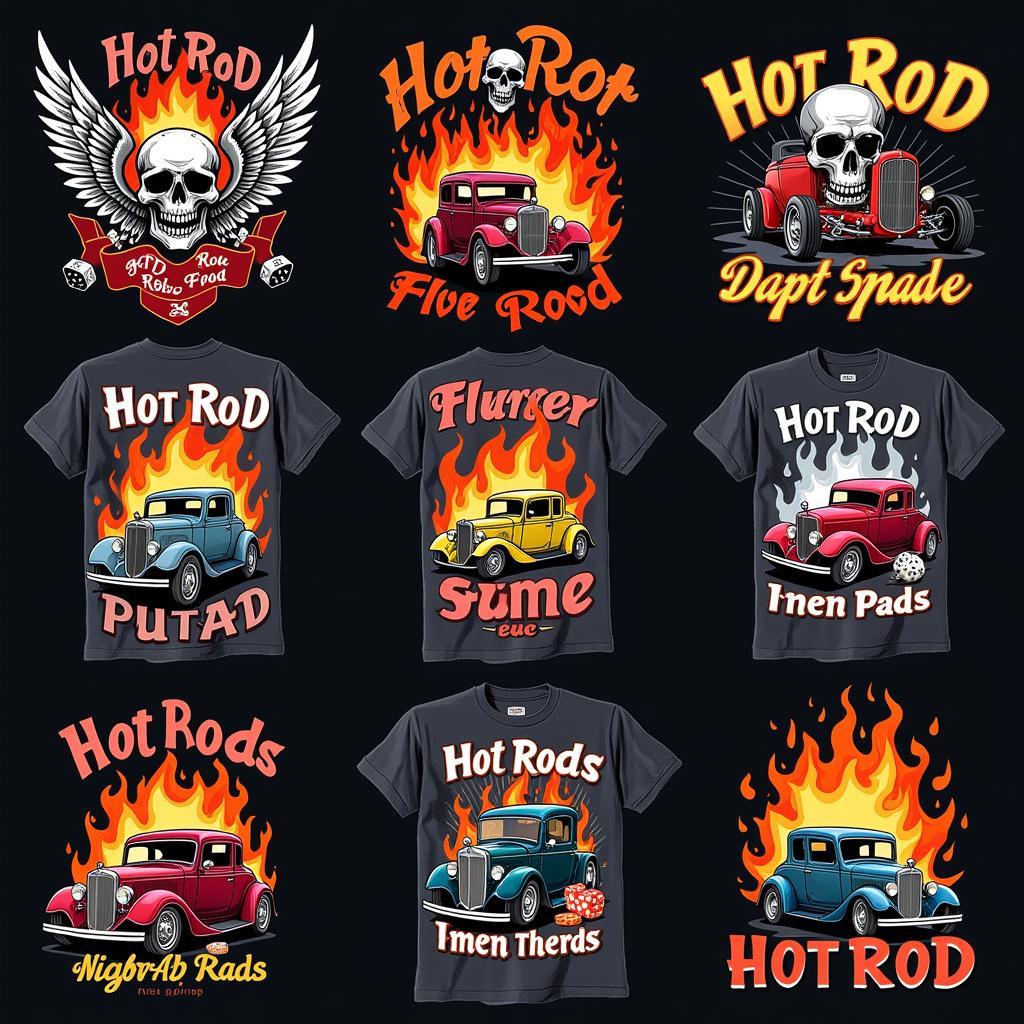 Classic hot rod t-shirt designs featuring flames, skulls, and vintage cars.