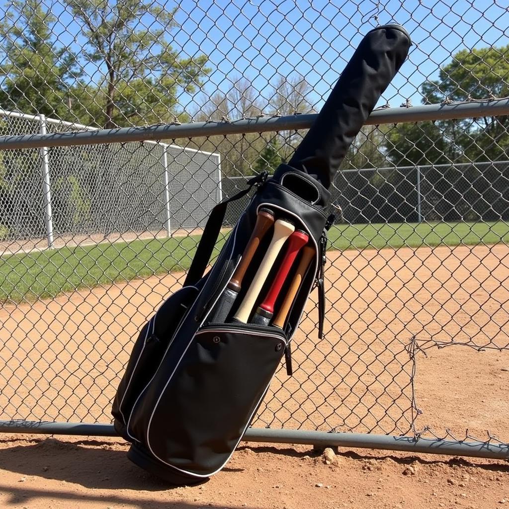 A classic softball bat bag leaning against a fence.