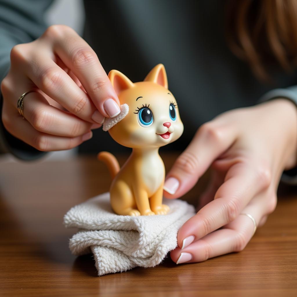 A person gently cleaning a bobblehead cat figurine with a soft cloth