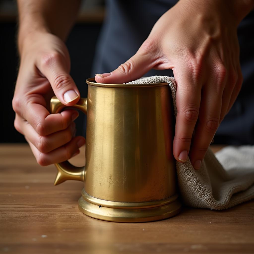 A person carefully cleaning a brass beer mug with a cloth