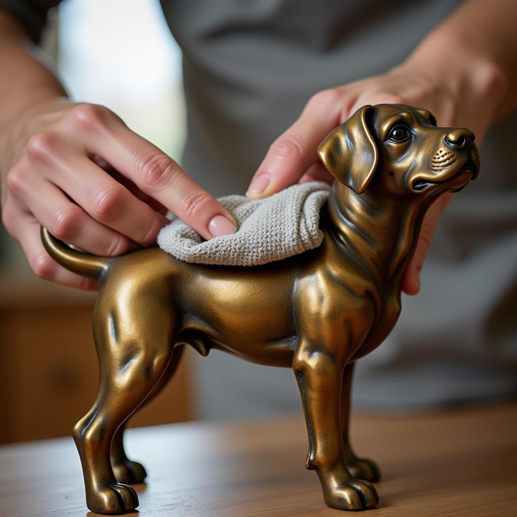 Cleaning a Brass Dog Statue with a Soft Cloth