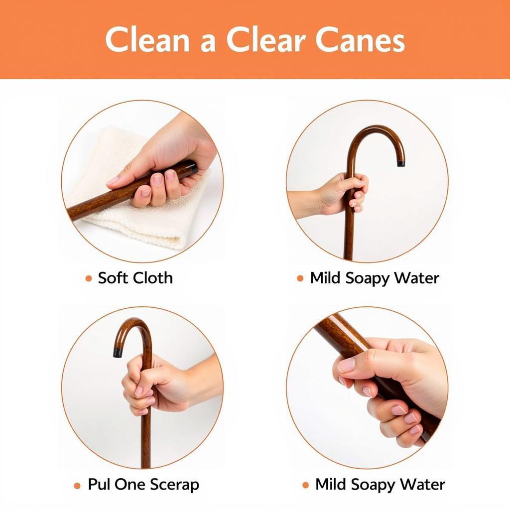 Cleaning a clear cane with a soft cloth and soapy water