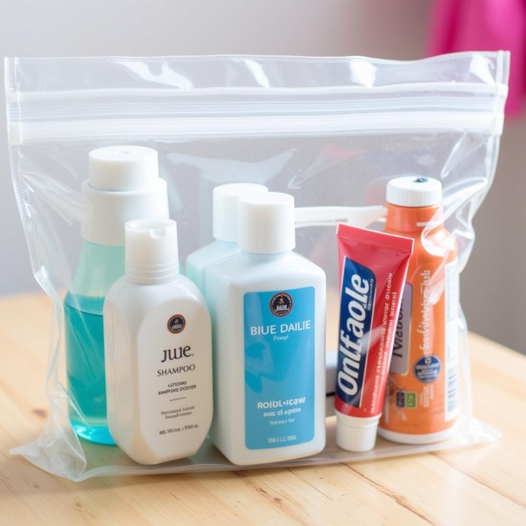 Clear plastic bag with travel essentials neatly organized