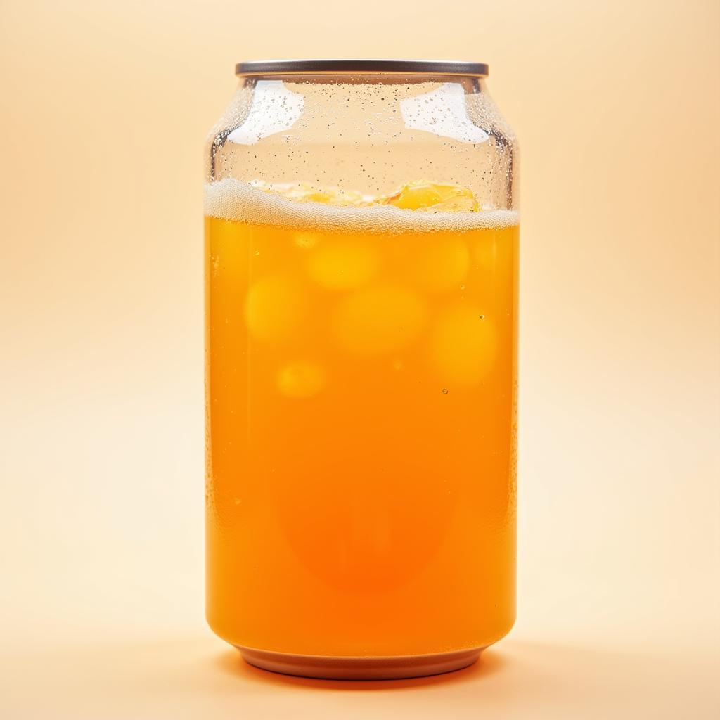 Close-up view of a clear plastic soda can filled with a vibrant orange soda, showcasing its clarity and the visible carbonation bubbles.