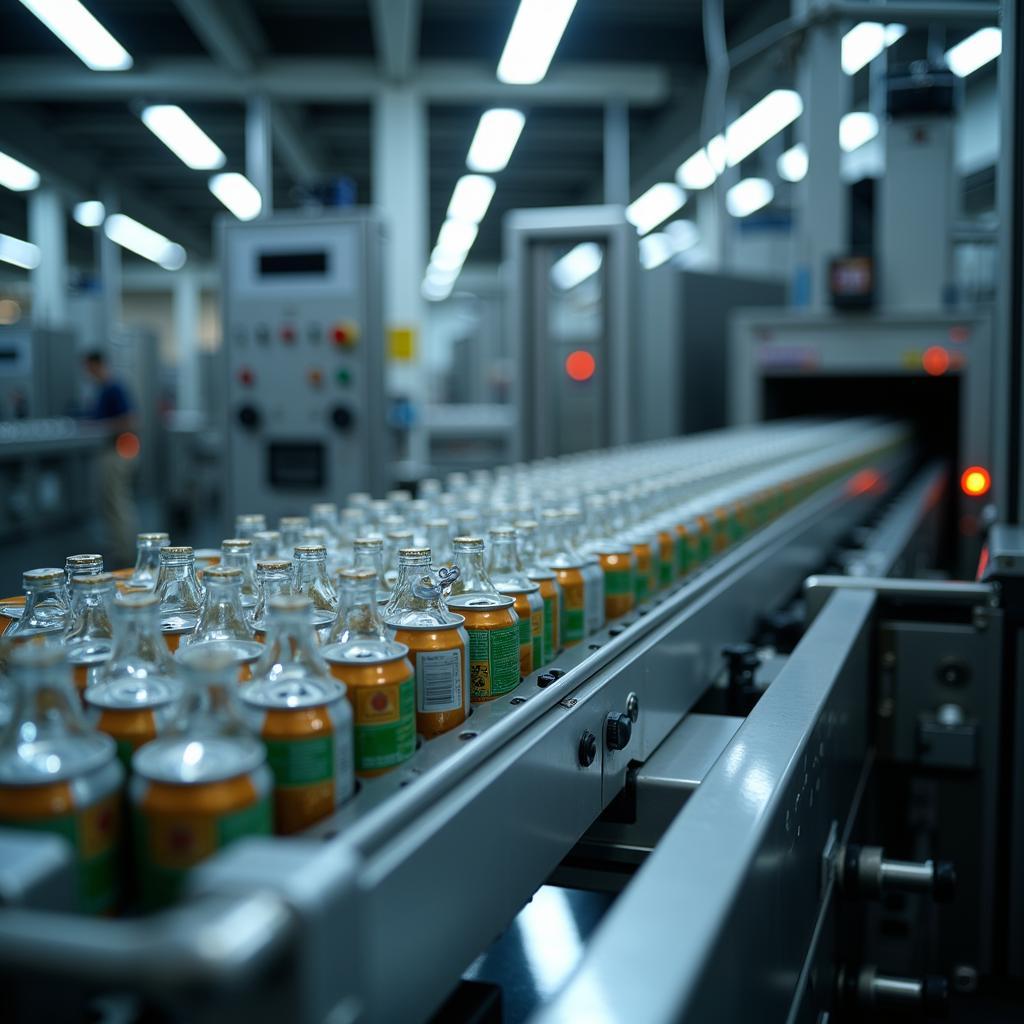 Clear plastic soda cans moving along a high-speed automated production line in a beverage manufacturing facility.