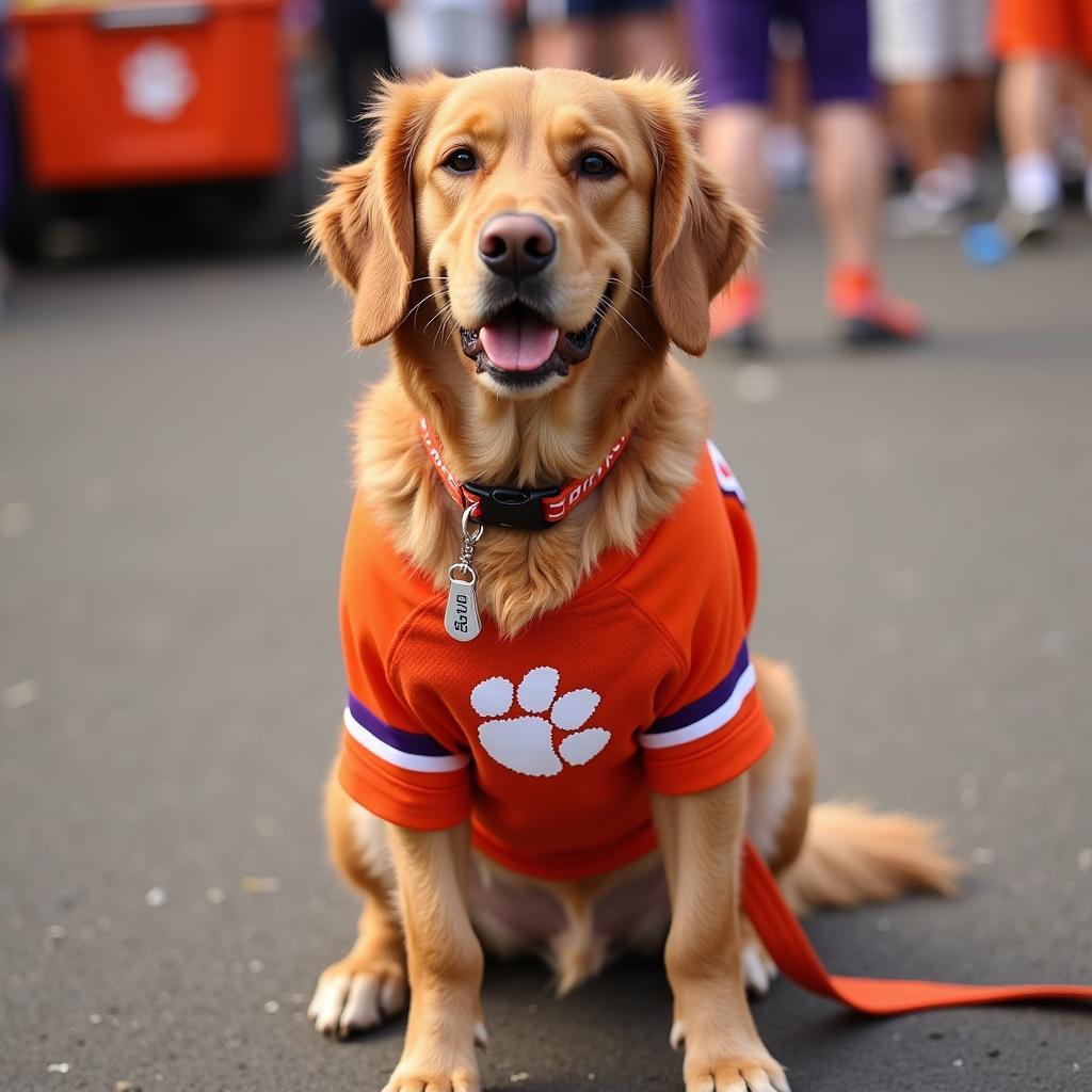 A Golden Retriever wearing a Clemson dog jersey with matching leash and collar.