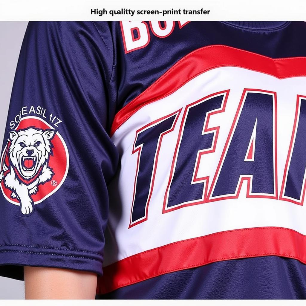 Close-up of cheer uniform detailing with screen print transfers of the team name and mascot.