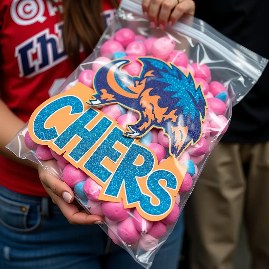 Close-up of a colorful cheer sign inside a bag