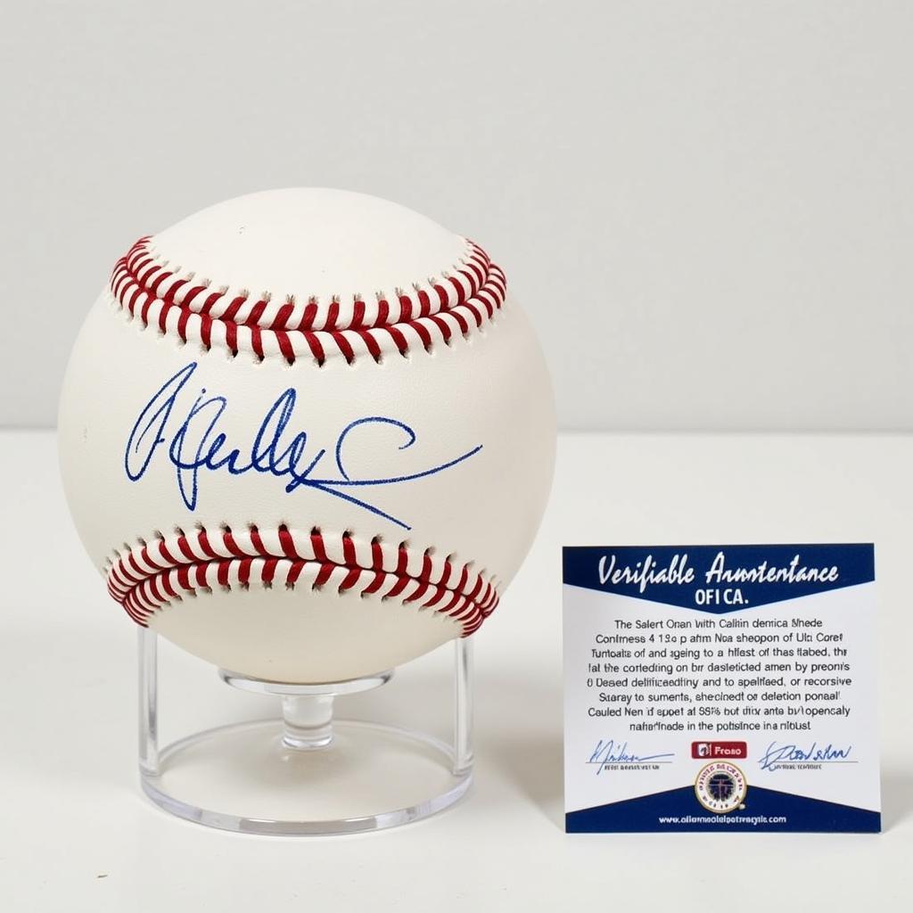 Close-up of a Curtis Granderson autographed baseball with COA