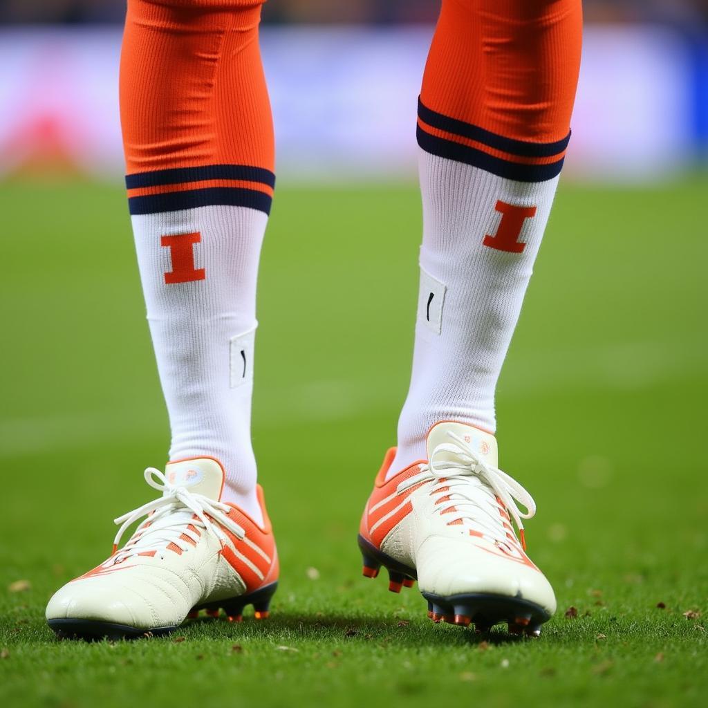 Close-up of Frenkie de Jong's feet in Illinois socks and cleats