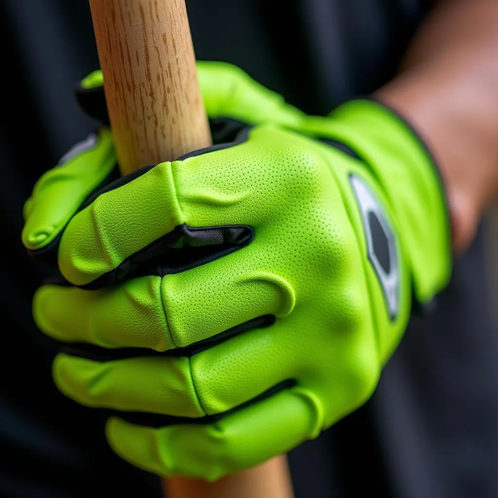 Neon green batting gloves gripping a baseball bat