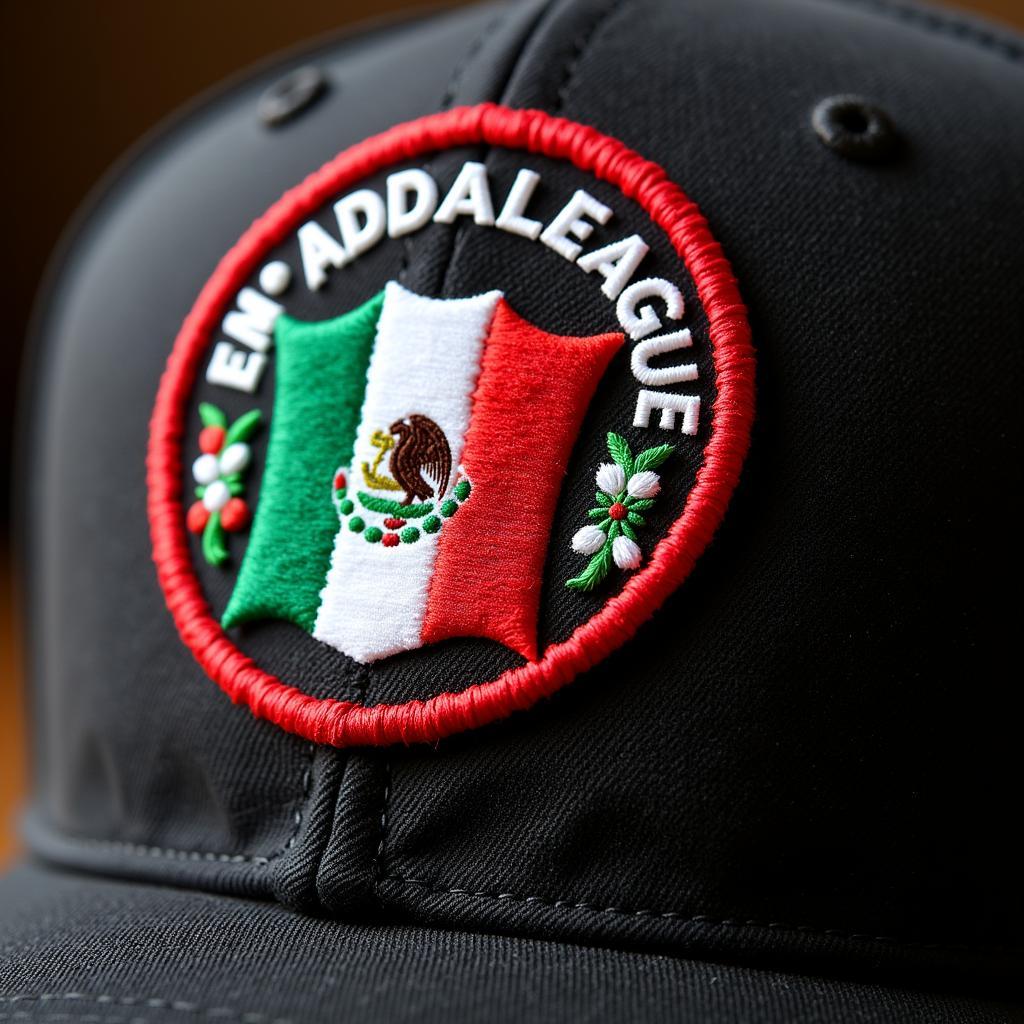 Detailed view of a Mexican League baseball hat logo.