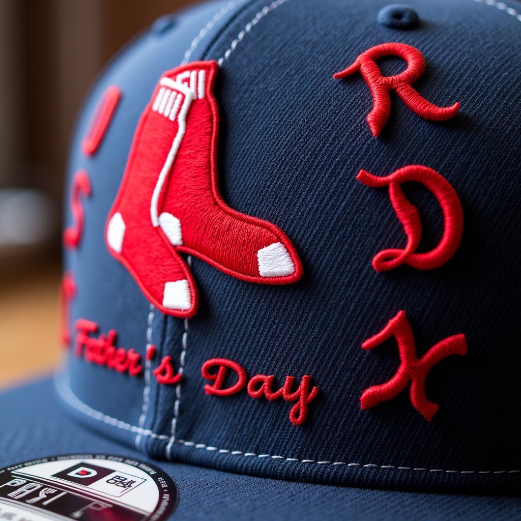 Close Up of a Red Sox Fathers Day Hat With Embroidered Details