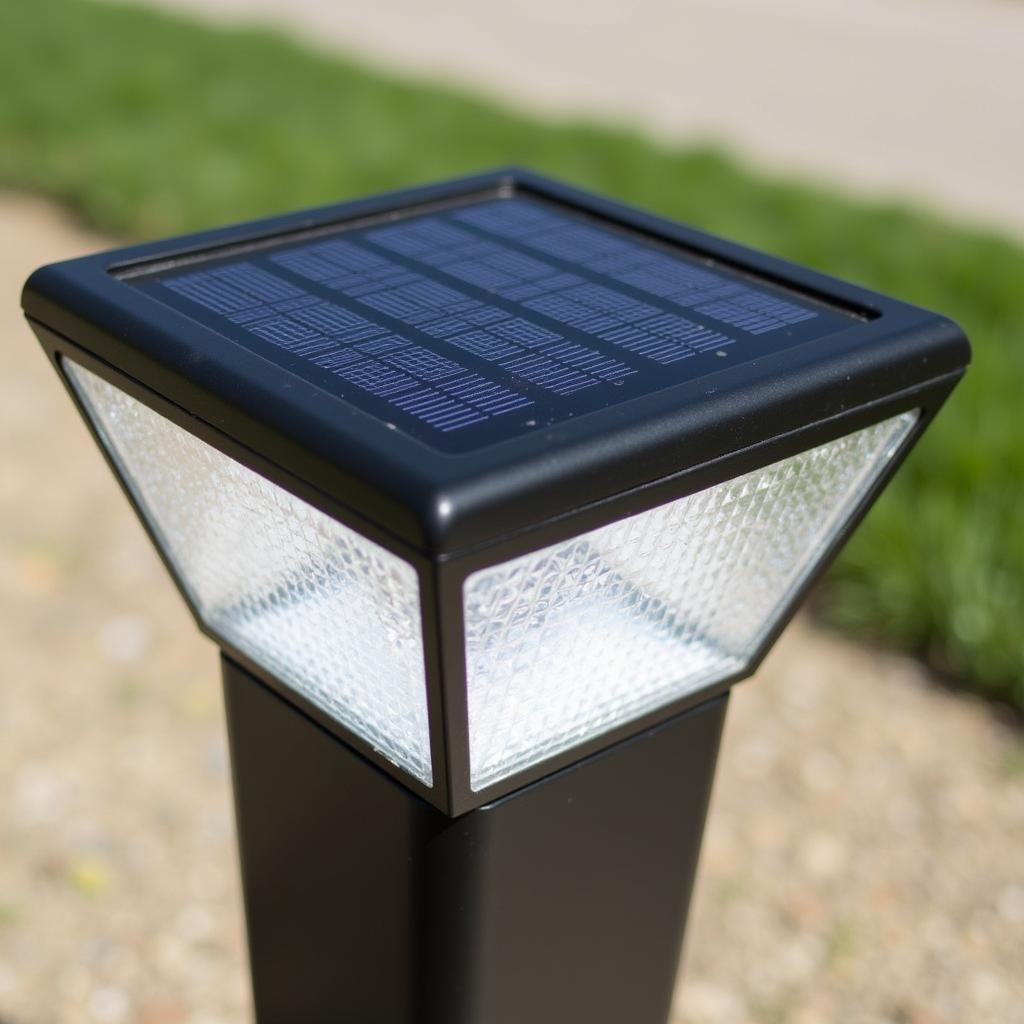 Close up of a solar post cap with visible solar panel