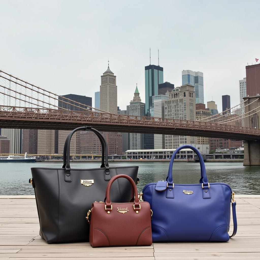 A woman's hand gracefully holds a stylish bridge handbag against a backdrop of a city skyline.