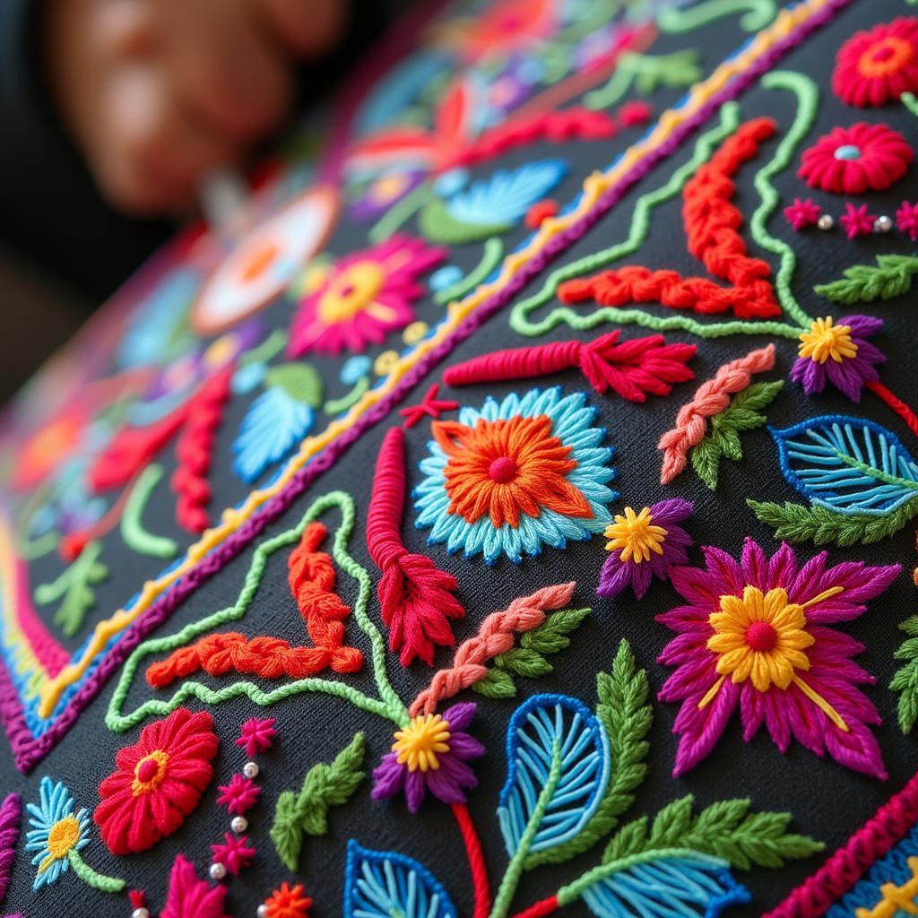 Close-up shot of intricate Aztec embroidery details