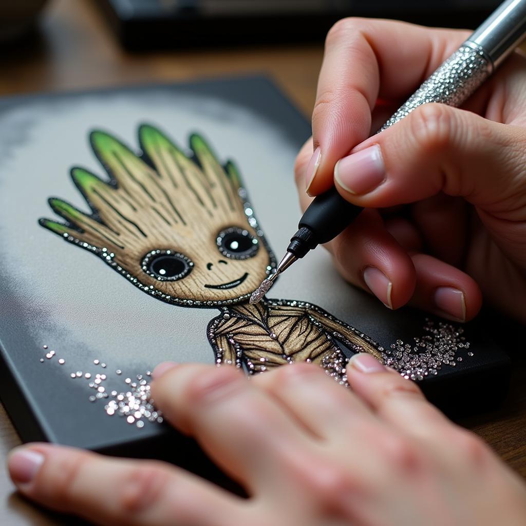 Close-up of Diamond Painting Process with Groot Design