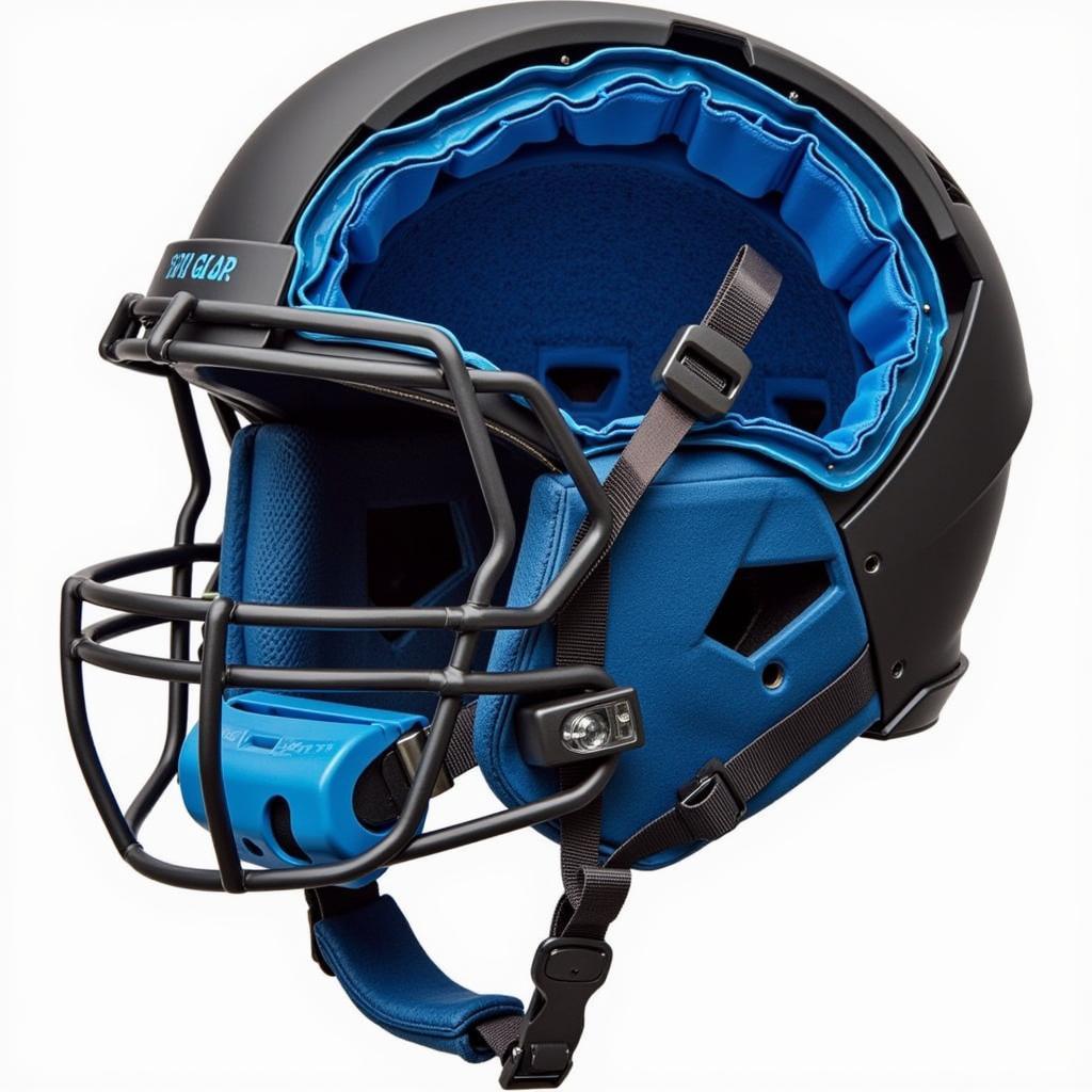 Close-up of a fox blue helmet with safety features highlighted